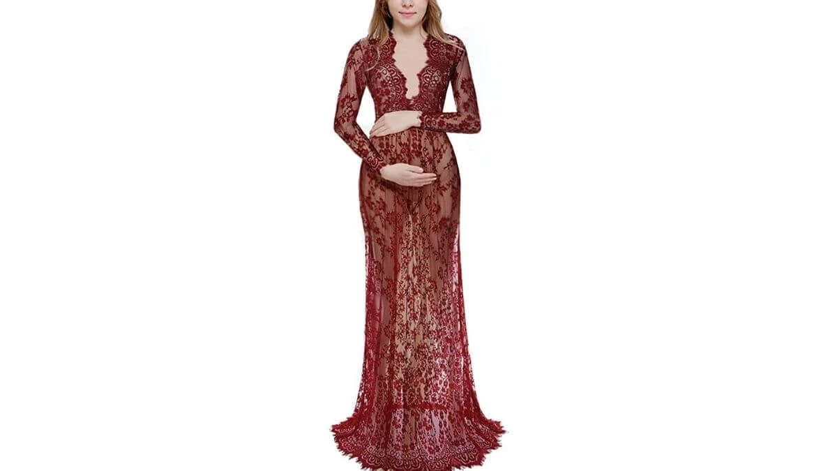 Lace V-Neck Sheer Maxi Maternity Dress