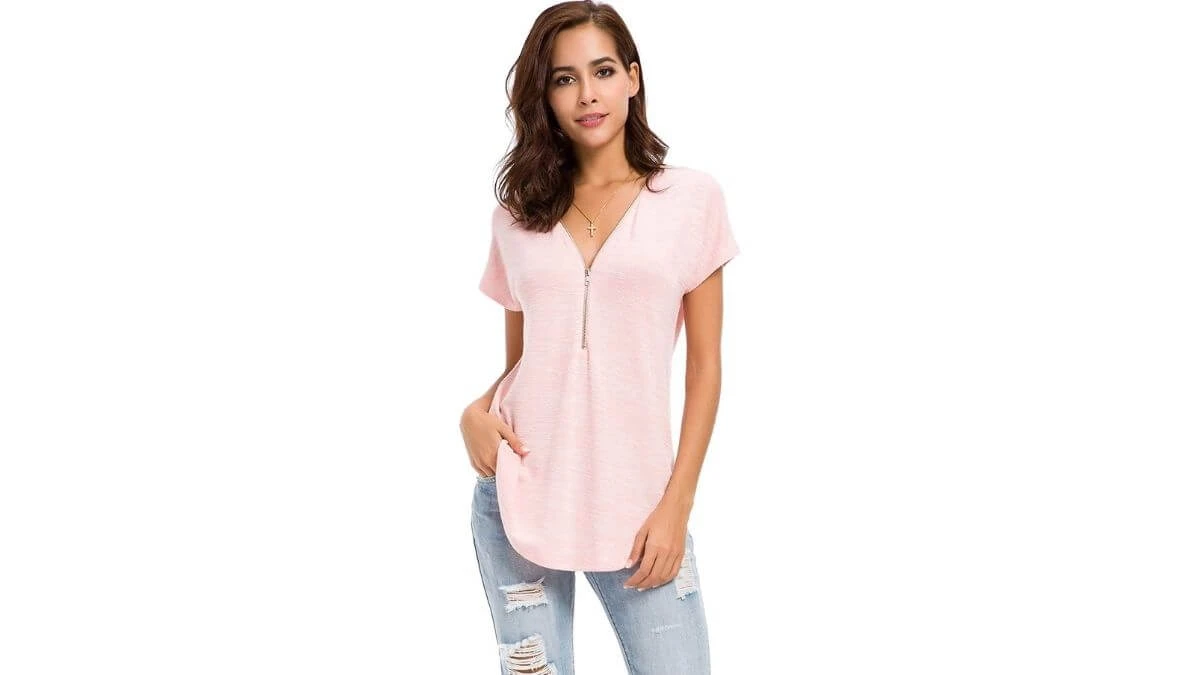 LUSMAY Loose Deep V Neck Short Sleeve Zipper Nursing Top