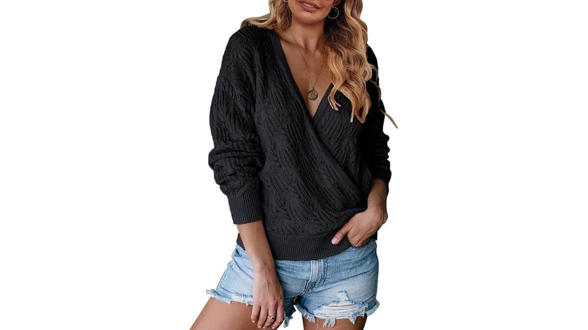 MEROKEETY Deep V Neck Wrap Nursing Sweater