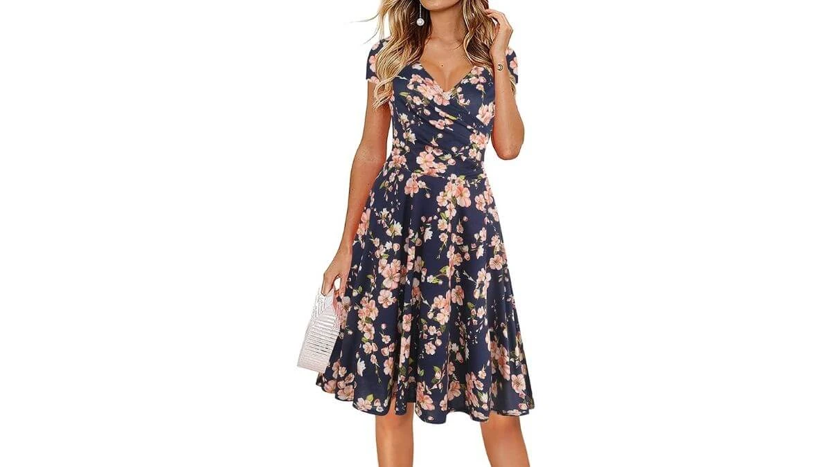 oxiuly Criss-Cross V-Neck Flare Midi Nursing Dress Formal