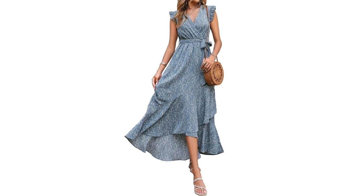 BTFBM Ruffle Cap Sleeveless V-Neck Wrap Side Split Maxi Nursing Dress