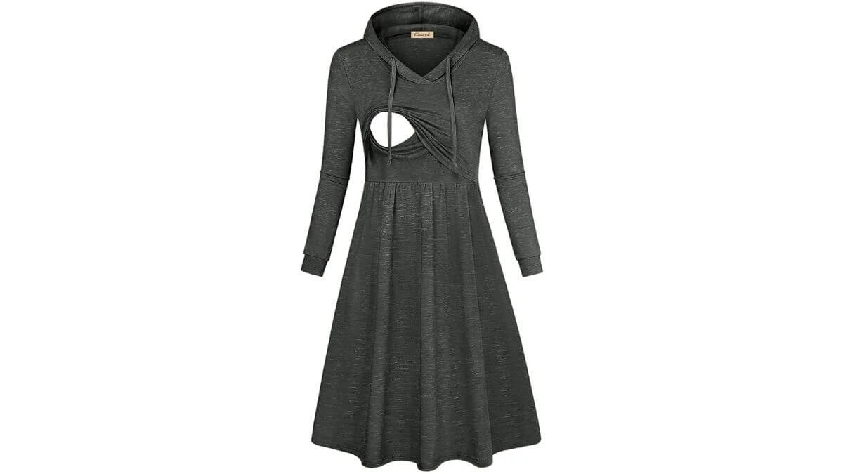 CzzzyL Long Sleeve Swing Midi Hooded Nursing Sweater Dress