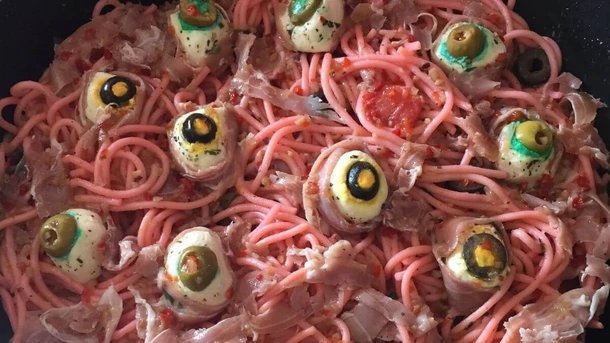 Witches’ hair and eyeballs pasta - Halloween Food Ideas for Kids