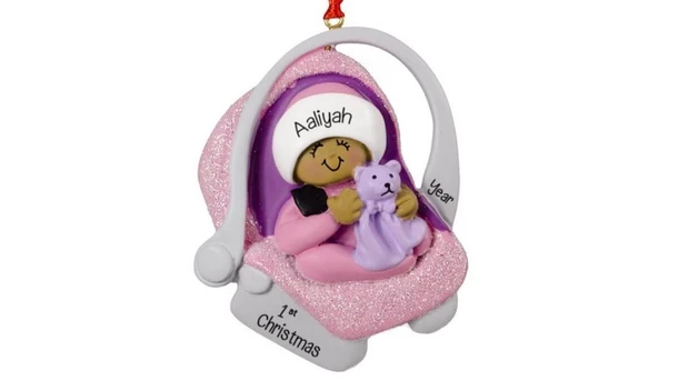 Personalized Baby Girl’s 1st Christmas Glittered Carrier Ornament African American