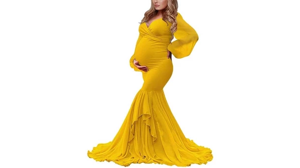 JustVH Maternity Off Shoulder Chiffon Gown Long Sleeve Split Front Maxi Photography Dress 