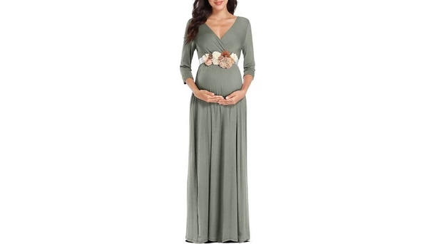 ¾ Sleeve V-Neck Maxi Maternity Dress