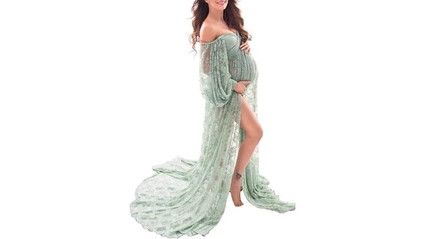 Lace Puff-Sleeved Maxi Maternity Dress