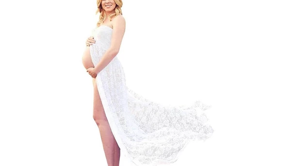 Lace Strapless Split-Front Maxi Maternity Dress