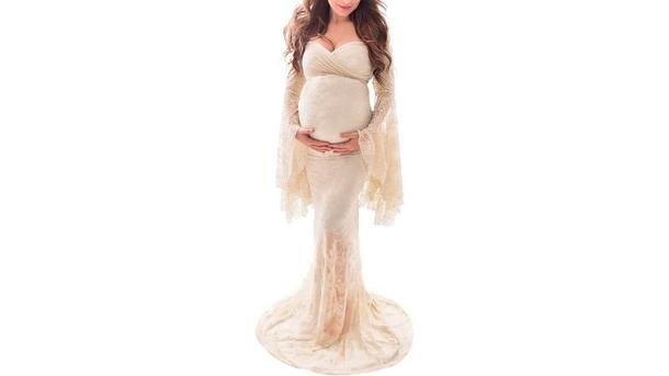 Off-Shoulder Long Sleeved Lace Maxi Maternity Dress