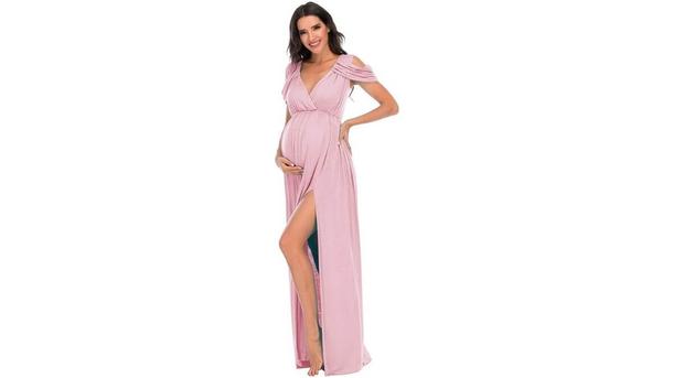 Off-Shoulder V-Neck Wrap Maxi Maternity Dress