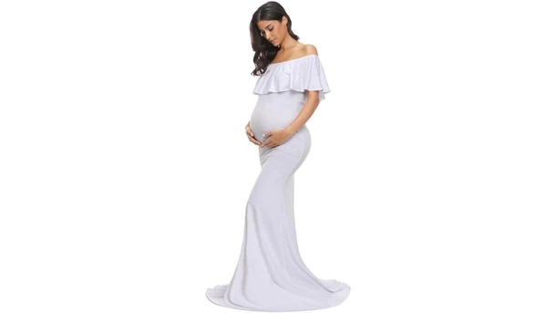 Off-Shoulder Ruffle Front Maxi Maternity Dress