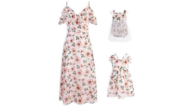 PopReal Mommy and Me Dresses Cold Shoulder Floral Ruffle
