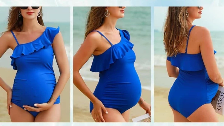 One-shoulder ruffle detail maternity swimsuit