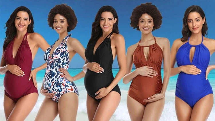 Peek-a-boo halterneck maternity swimsuit<br />
