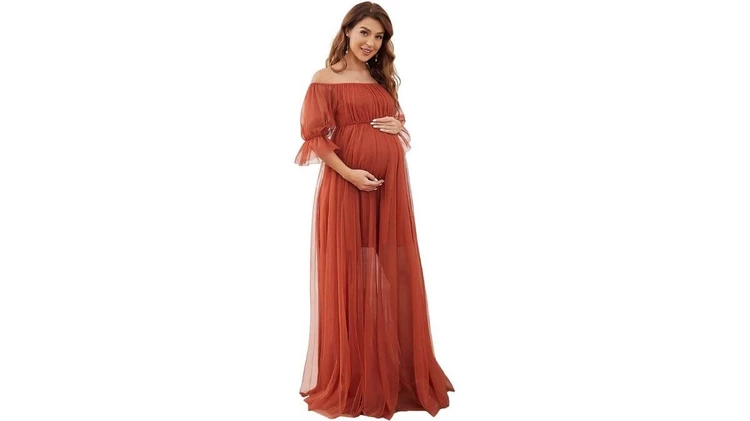 Tulle Off-Shoulder Puff Short Sleeve Maxi Maternity Dress