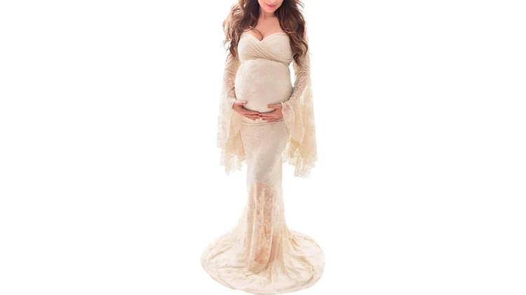 Off-Shoulder Long Sleeved Lace Maxi Maternity Dress