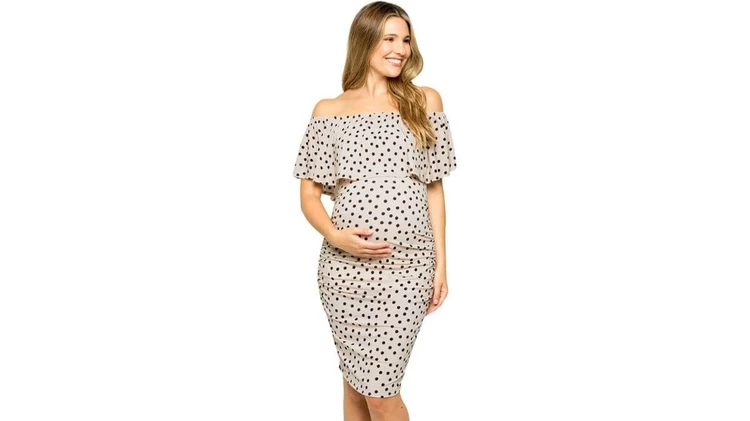 Ruffle Top Off-Shoulder Patterned Midi Maternity Dress