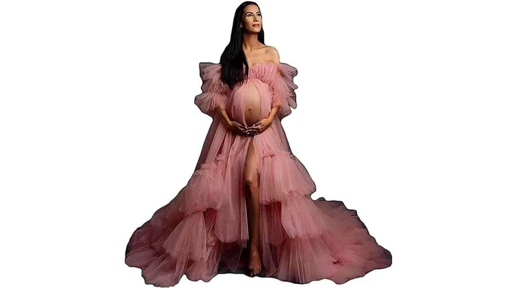 Puffy Tulle Open Maxi Maternity Gown