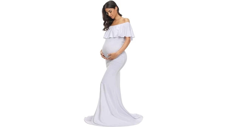 Off-Shoulder Ruffle Front Maxi Maternity Dress