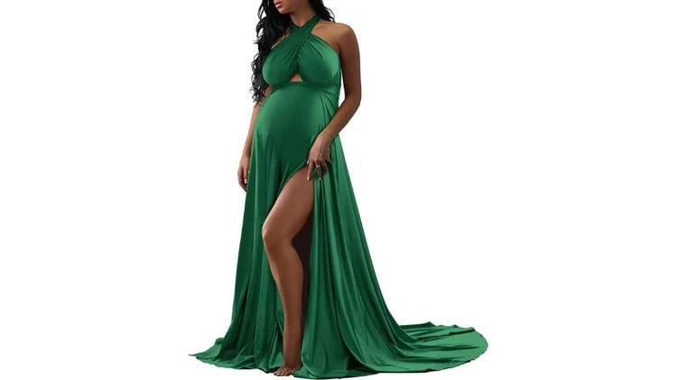 Halterneck Peekaboo Front Slit Maxi Maternity Dress