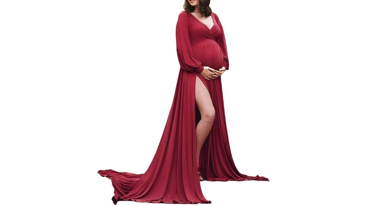 Bishop Sleeve V-Neck Side Slit Maxi Maternity Dress