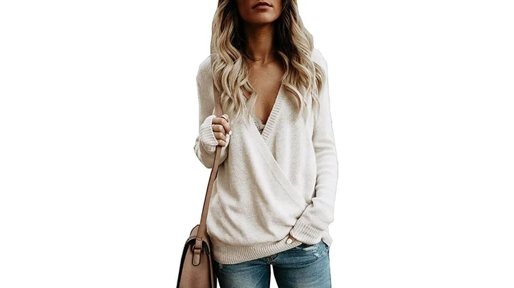 softome Knitted Deep V-Neck Long Sleeve Nursing Sweater