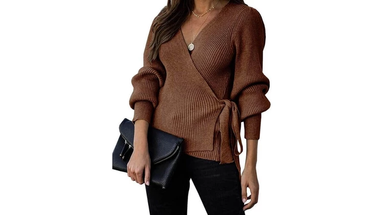 softome Womens Knitted Deep V-Neck Long Sleeve Wrap Front Loose Sweater  Pullover Jumper Tops at  Women's Clothing store