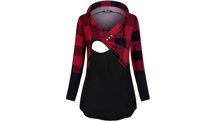 Quinee Long Sleeve Plaid Colorblock Nursing Pullover Hoodie