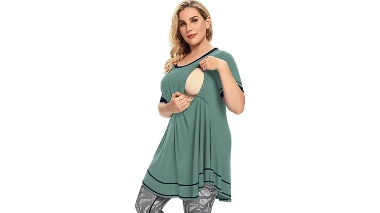 MONNURO Short Sleeve Tunic-Style Plus-Size Nursing Top