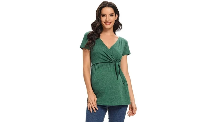 Yirugu Short Sleeve V-Neck Tie Front Nursing Top