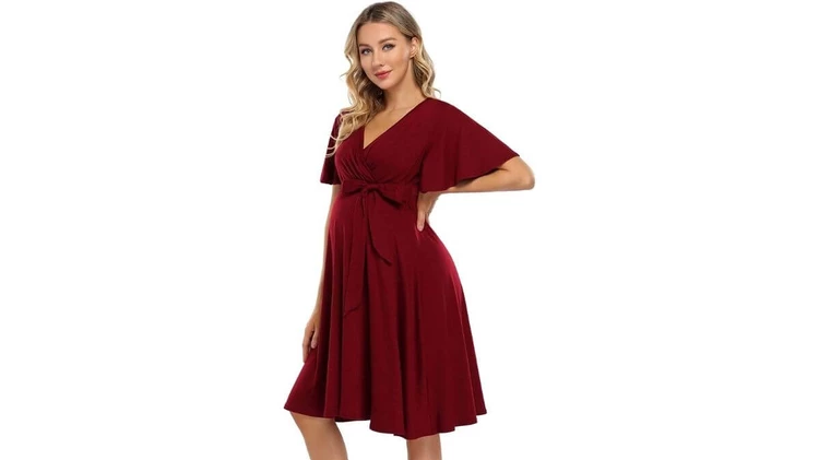Coolmee Wrap Maternity Dress Knee Length Nursing Dress