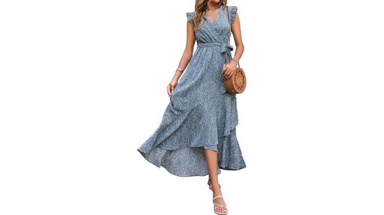 BTFBM Ruffle Cap Sleeveless V-Neck Wrap Side Split Maxi Nursing Dress