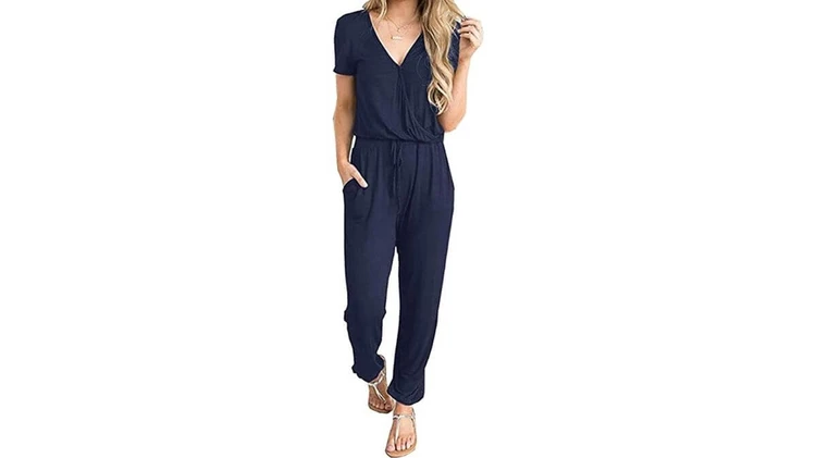 PRETTYGARDEN Deep V-Neck Short Sleeve Nursing-Friendly Jumpsuit