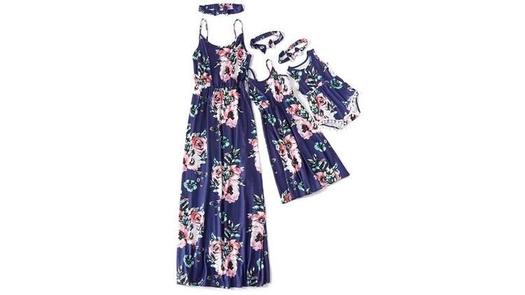 IFFEI Spaghetti Strap Mommy and Me Matching Dress with Headband