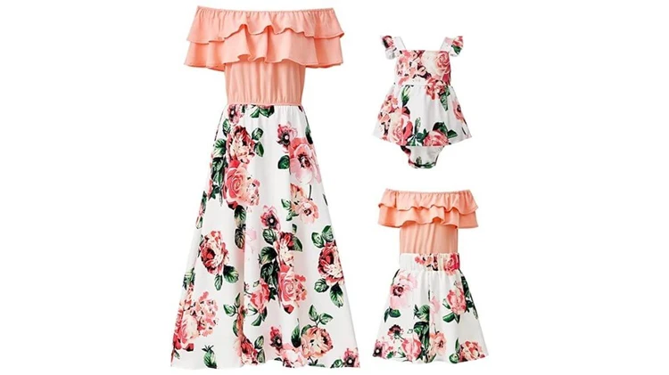 Mumetaz Mommy and Me Dresses Cold Shoulder Ruffle Layered