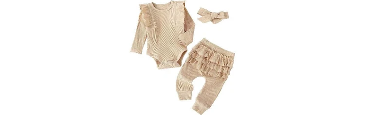 Fullfamous 3pc Rib Frill Long Sleeve Romper and Pant Set