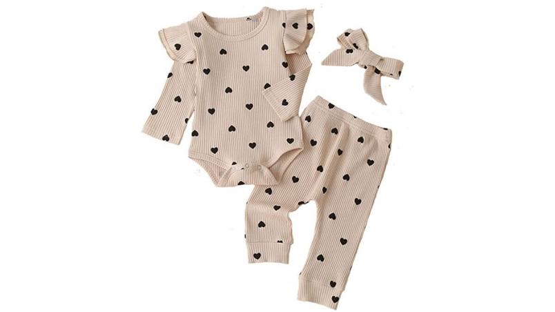 Baby Girl's 3pc Rib Frill Long Sleeve Romper and Pant Set